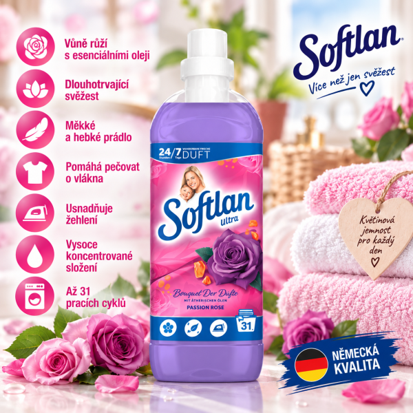 Softlan Bouquet der Düfte Rose aviváž s esenciálními oleji – 650 ml, 31 pracích cyklů